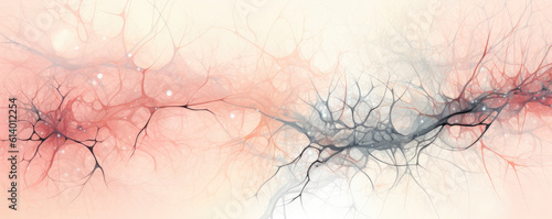 Wide panoramic view of minimalist stylized neurons interconnected, presented in soothing pastel pink tones photo