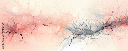Obraz na płótnie Wide panoramic view of minimalist stylized neurons interconnected, presented in soothing pastel pink tones w salonie