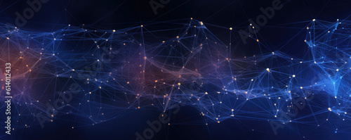 Abstract panoramic representation of a minimalist network node structure on a rich, cobalt blue background
