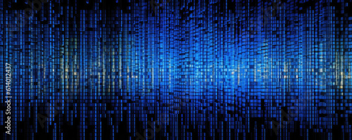 Wide, panoramic visualization of a simplistic digital matrix, rendered in electric blue tones
