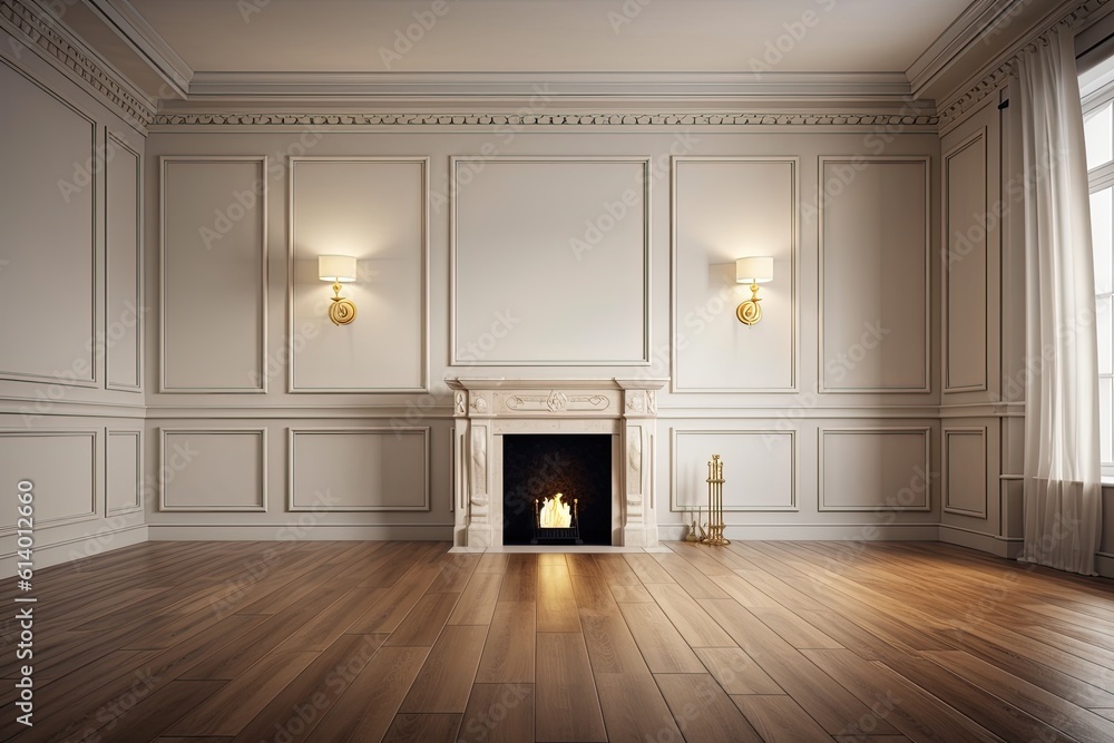 With a fireplace, wall panels, and a wooden floor, the room is contemporary classic beige. mock up of an illustration. Generative AI