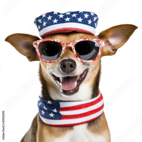 cheerful patriotic dog in sunglasses and cap with american flag pattern on a white background. Generative AI