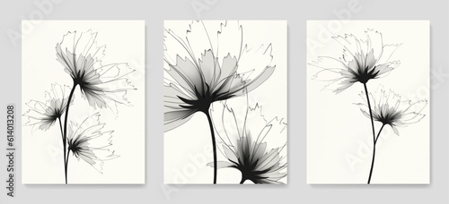 Black and white art background with x-ray style flowers. Botanical hand drawn vector set for decor, print, poster, wallpaper, interior design, invitations, cover.
