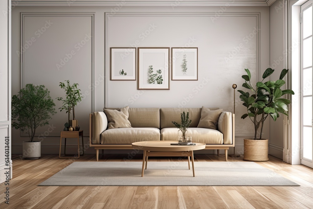 custom made wallpaper toronto digitalWooden floors, a mid century modern elegant sofa, side tables, and an indoor plant. For your art and print mockup, interior scene, and wallpaper mockup needs, use empty walls with a frame. Generative