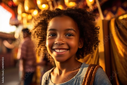 Close-up shot of a little girl laughing and having fun at the amusement park. Generative AI