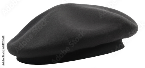 Black french cap beret side view isolated. Generative AI. photo