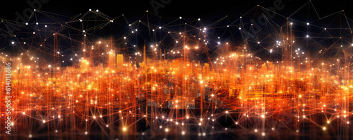 Wide, panoramic visualization of interconnected network nodes against a vibrant, neon amber backdrop