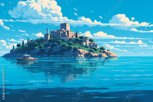 Illustration about beautiful mediterranean landscape viewed from a boat sailing in southern of italy. AI generative