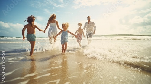 Family with kids running on the beach during summer, coastline, having fun, splashing in water, Generative AI