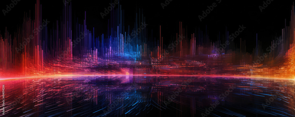 Naklejka premium Wide panorama of a digital data stream flowing in a monochromatic, radiant, neon onyx tone