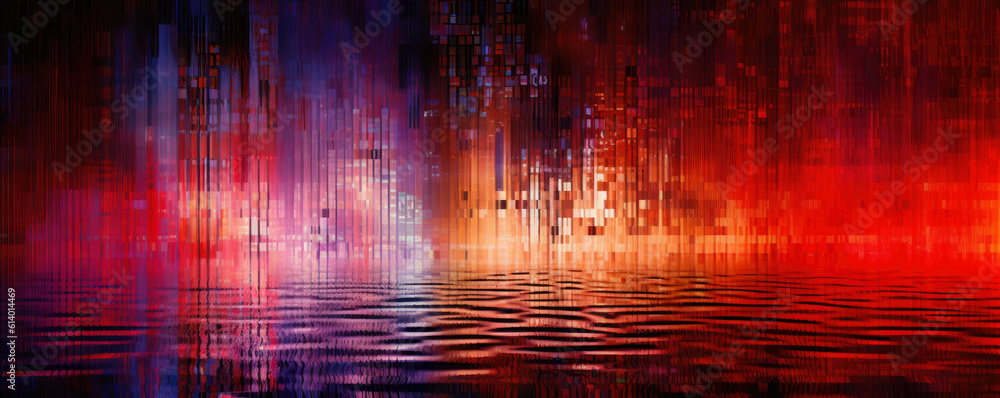 Abstract panoramic visualization of a binary code waterfall in striking, electric ruby hues