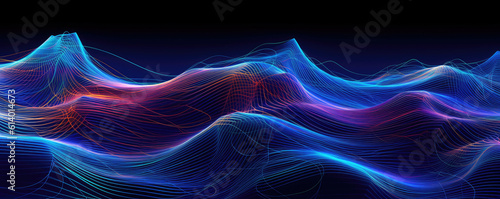 Panoramic depiction of a digital wave pattern represented in electric  neon lapis lazuli hues