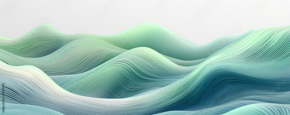 Panoramic view of a digital wave pattern represented in soothing, pastel celadon hues