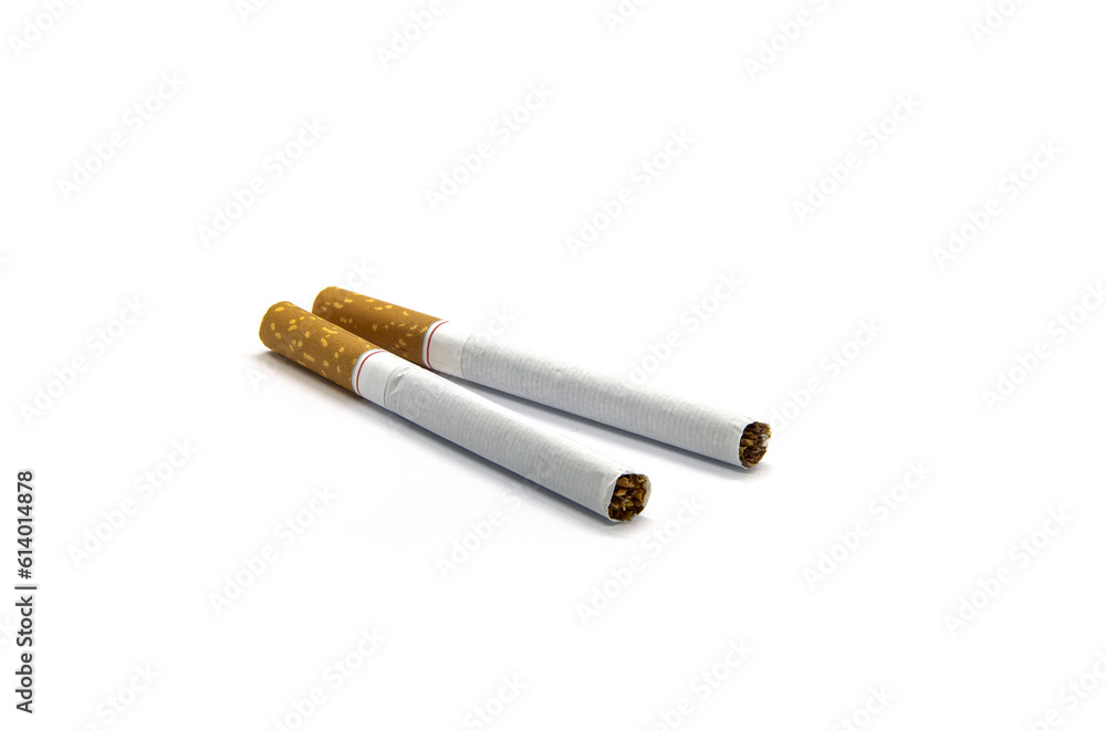Two ordinary cigarettes on a white background Two ordinary cigarettes on a white background
