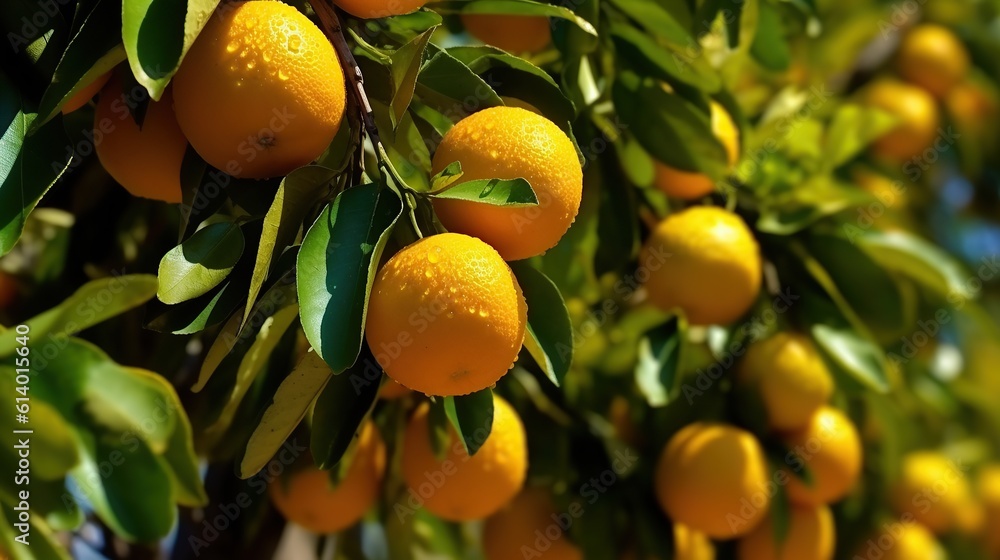 Ripe and fresh oranges hanging on branch Generative AI