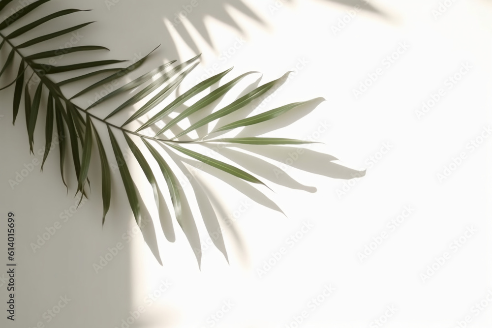 Fototapeta premium Shadow from palm leaves on a white wall background. AI generative
