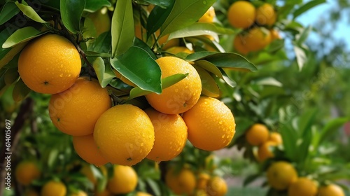 Ripe and fresh oranges hanging on branch Generative AI