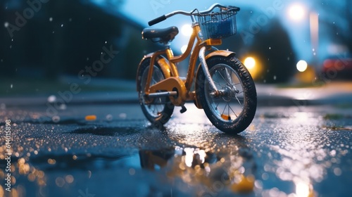Close-up of a children's bicycle on a city street. bicycle on the roadway without a child . life insurance and protection concept.Generative AI