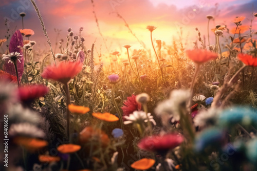 Summer flower field close up with wild romantic sunset. AI generative