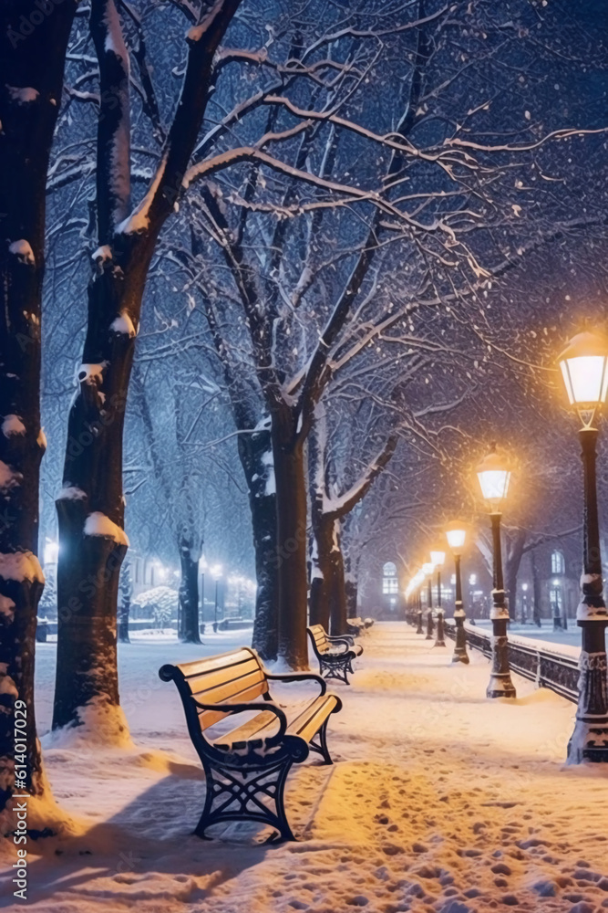 Winter park at night with trees covered with snow, benches and lanterns. AI generative