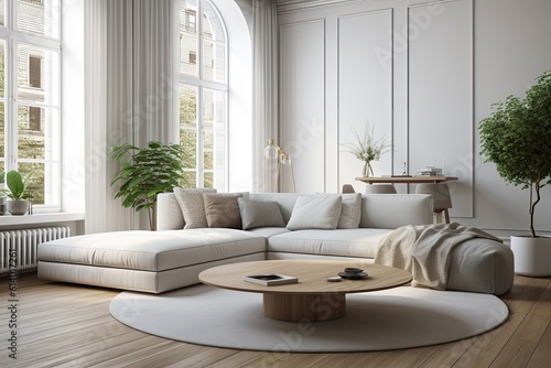 White sofa next to a round coffee table in a living room with wooden floor, huge windows, and white walls. a mockup. Generative AI