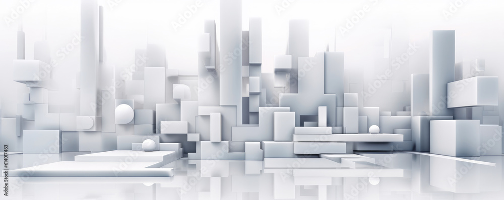 Fototapeta premium A minimalist panorama showcasing white abstract geometric shapes, symbolizing the core principles of technological innovation