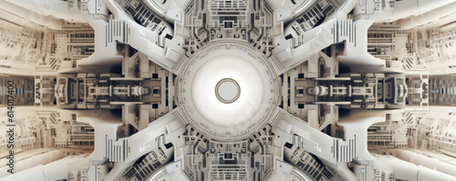 Panoramic view of white circuitry patterns converging into a focal point, symbolizing the convergence of technology and creativity