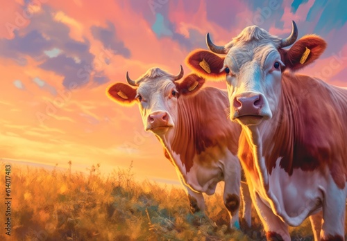 close-up Two cows graze in the meadow.Generative AI 