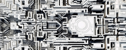 Panoramic view of white abstract circuitry patterns resembling a labyrinth, symbolizing the complexity of technology