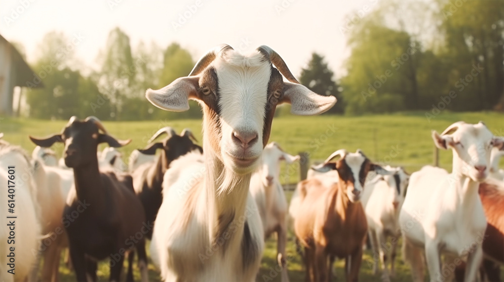 white goats graze in a farm meadow. Generative AI white goats graze in a farm meadow. Generative AI