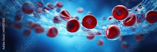 microscopic view of red and white blood cells flowing in a vein, symbolizing hematology and health, on a deep blue background