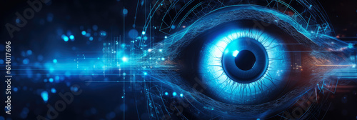 panoramic wallpaper of a stylized human eye with a digital network pattern, glowing against a dark background, representing ophthalmology