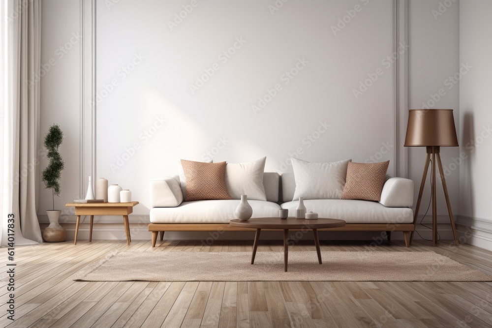 White wall is blank, and the carpet and sofa are on a wooden floor. an interior living room illustration. Generative AI White wall is blank, and the carpet and sofa are on a wooden floor. an interior living room illustration. Generative AI