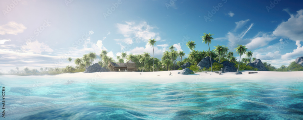 Palm trees and rocky cliffs stand tall on this serene tropical beach, as waves crash against the shoreline. AI generative scenery at its finest.