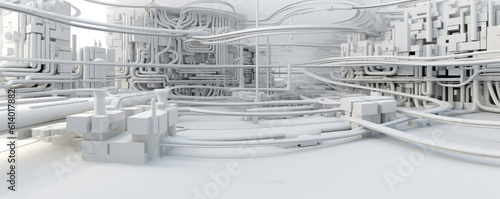A minimalist panorama featuring white circuit paths intersecting in a symphony of technological connectivity