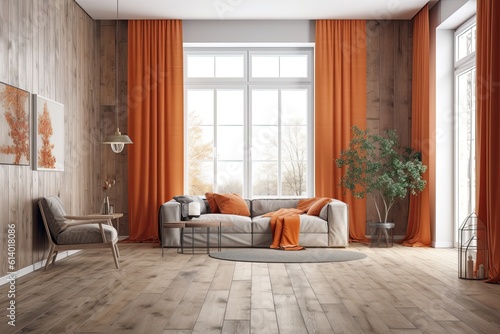 White and orange toned wooden antique living room. Parquet flooring, decorations, and a mock up of a wall design of a farmhouse interior. Generative AI © Vusal