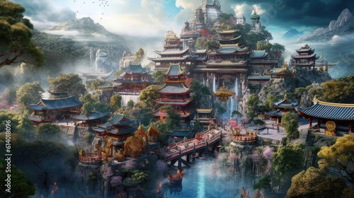 spectacular epic vista of overly glorious trippy ancient ritual zhangjiajiei, vibrant , beautiful Oriental fantasy , fine details 