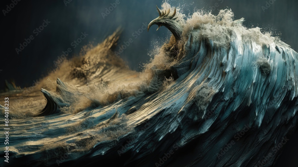 ocean wave, flowing surrealism, muted aquamarine and bronze, intense close-ups, diorama, hyper-detailed ocean wave, flowing surrealism, muted aquamarine and bronze, intense close-ups, diorama, hyper-detailed