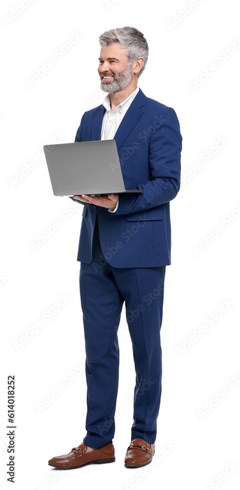 Mature businessman in stylish clothes with laptop on white background Mature businessman in stylish clothes with laptop on white background