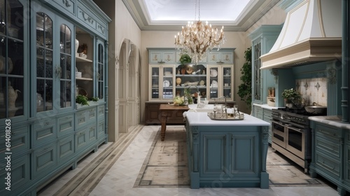 beautiful blue and white kitchen, in the style of light maroon and light emerald, subtle surface decoration, hyper-realistic details, dark gray and dark beige, meticulous detail, streamlined design © medienvirus