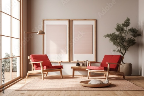 Wooden frame mockup, close up of a warm, reddish toned living room with lounge chairs, a rattan toilet, and parquet. minimalist interior design from Scandinavia. Generative AI