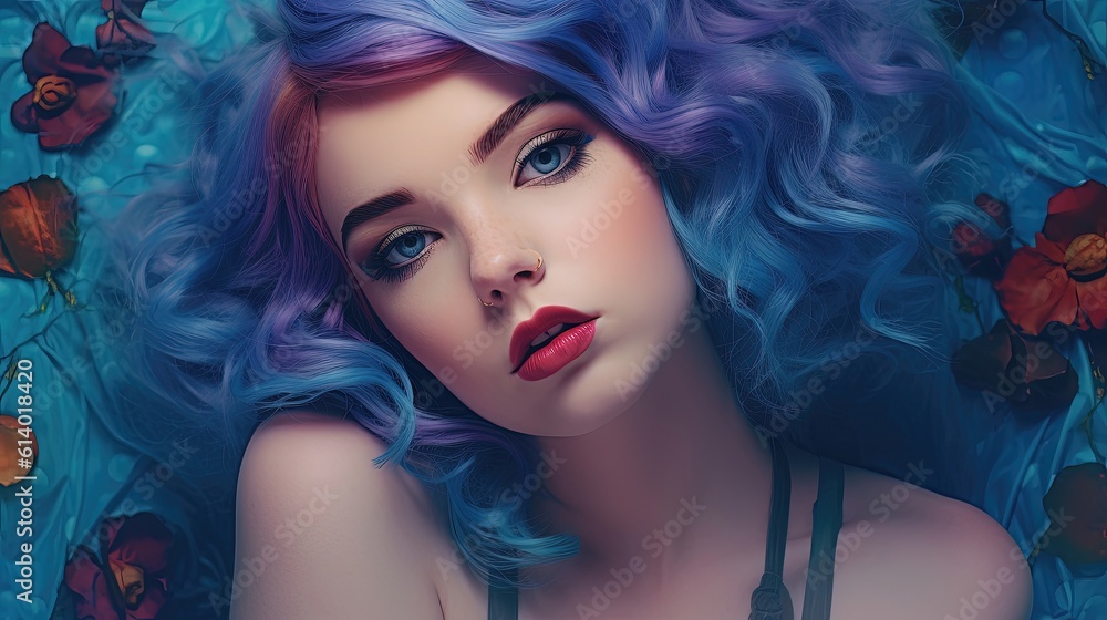 a beautiful young woman in blue and violett, Pin-up-Pose, in the style of tattoo-inspired, kawaii aesthetic, light violett and dark amber
