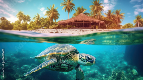 turtle underwater at the foot of Paradise tropical island with palm trees on a sunny day. Generative AI