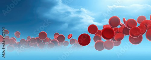 Panoramic image of minimalist red blood cells illustrated as simple circles on a soothing sky-blue background