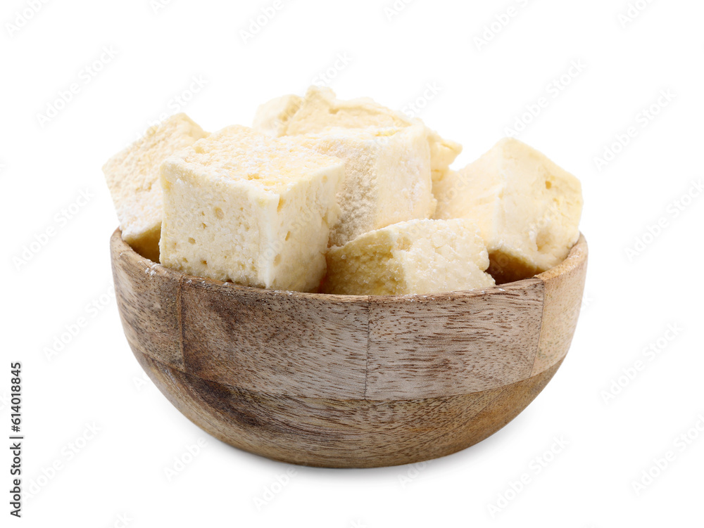 Bowl with tasty marshmallows on white background