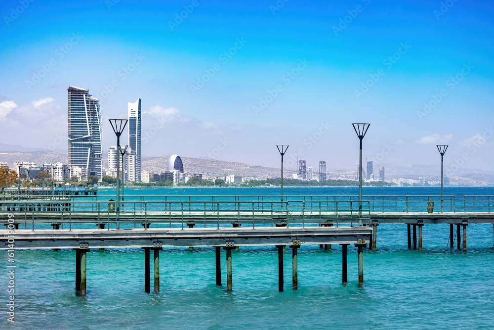 Naklejka premium Cyprus, Limassol, Molos seafront promenade and scenic views of Olimpia coast and financial center.