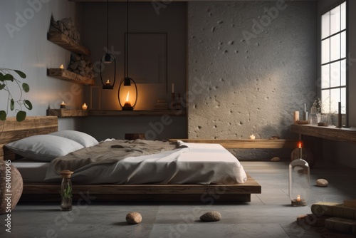 zen atmosphere, overlit loft apartment with bedroom and bathroom with bathtub, basic interior architecture, wooden vintage table top or shelf with candles and stones,. Generative AI © Vusal