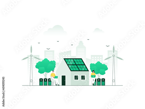 House with independent power source supply. Green and renewable energy from solar panels and wind turbines. Vector illustration with minimalist color.