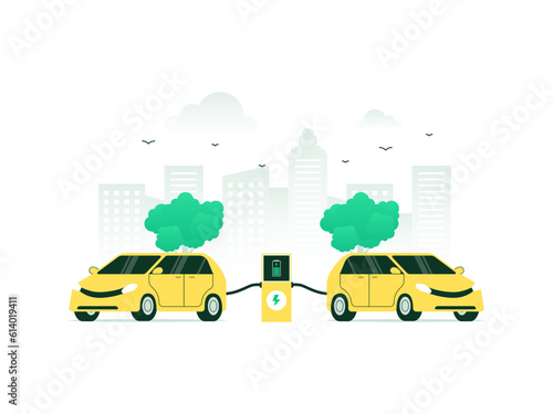 Electric vehicle charging with plugged socket. Green cars powered by alternative energy, emitting zero emissions. Vector illustration with minimalist color.