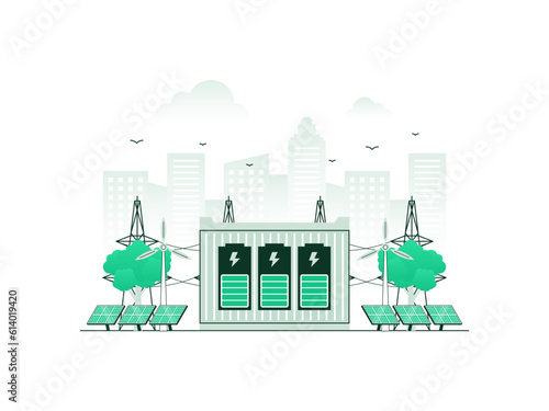 Smart power grid system with renewable energy sources. Includes solar panels, wind turbines, battery storage, electricity transmission grid. Vector illustration with minimalist color.